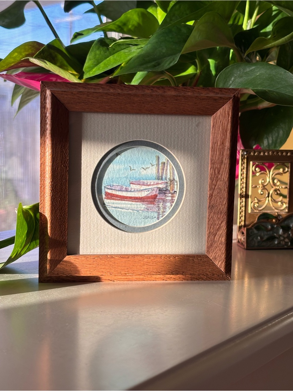 Wood Framed Nautical Boat Watercolor Art - Vintage California